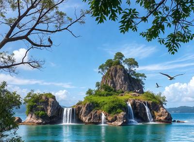 The primary subject of the image is a large island with a waterfall cascading down its side. The island is surrounded by water, and there are several birds flying around the area. The setting is a natural environment with a lush green hillside and a blue water surface. The visual style is a photo, capturing the beauty of the island and its surroundings. The colors and mood of the image are vibrant and serene, with the waterfall and birds adding a sense of life and movement to the scene.